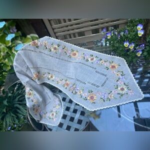 Cotton Linen Cottage Core Table Runner Floral Ribbon Embroidery Trim Chic Dainty